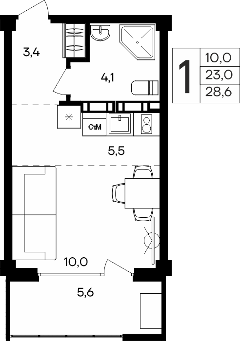 1-к, 28.6 м² · Альморе