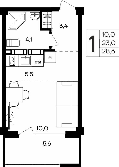 1-к, 28.6 м² · Альморе