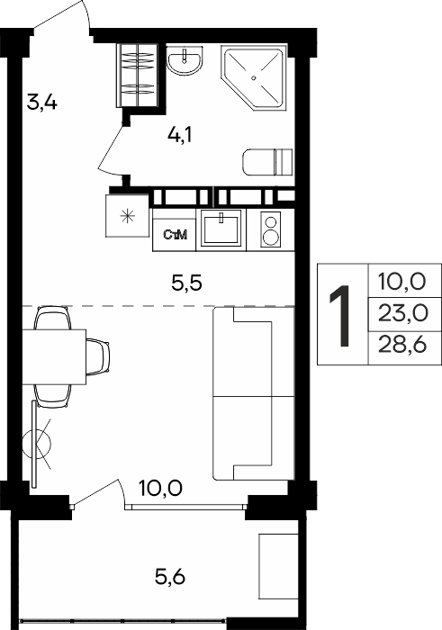 1-к, 28.6 м² · Альморе