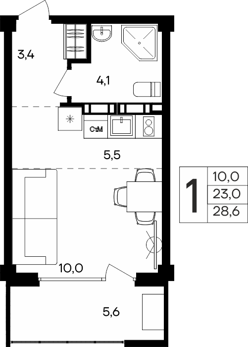 1-к, 28.6 м² · Альморе