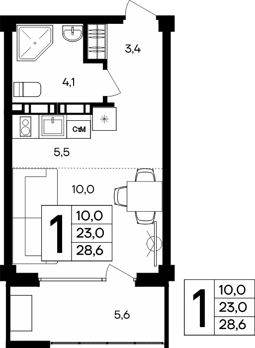 1-к, 28.6 м² · Альморе