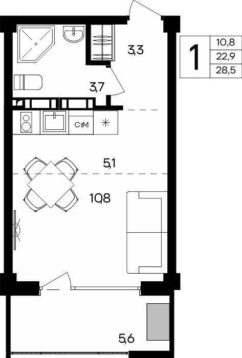 1-к, 28.5 м² · Альморе