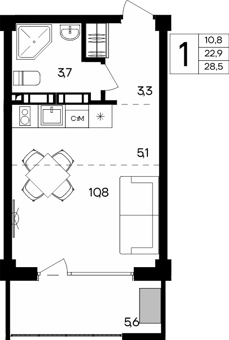 1-к, 28.5 м² · Альморе