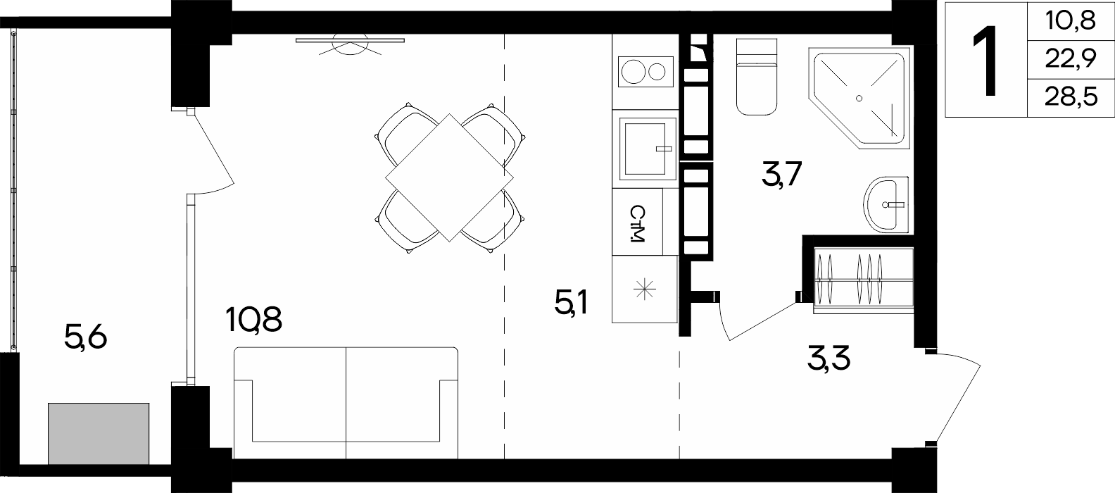 1-к, 28.5 м² · Альморе