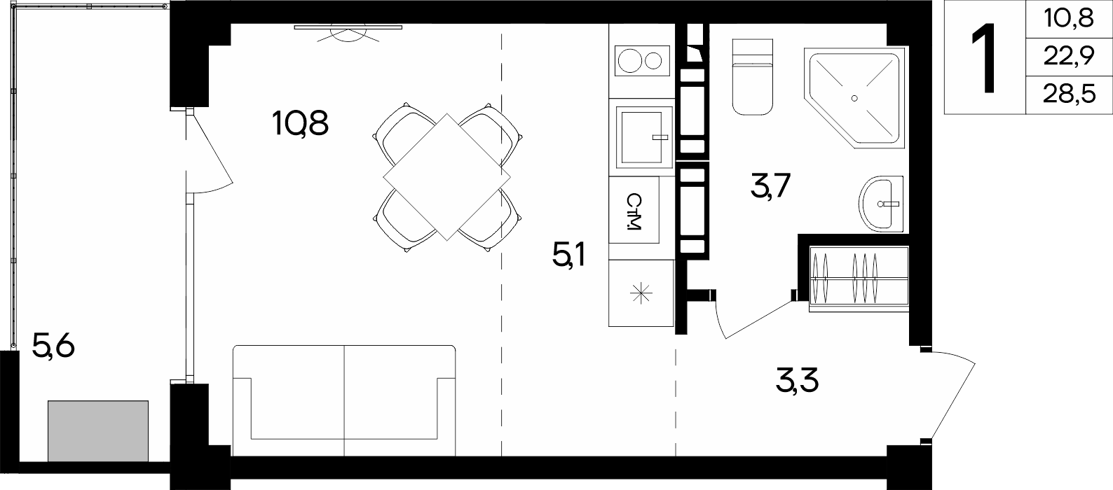 1-к, 28.5 м² · Альморе