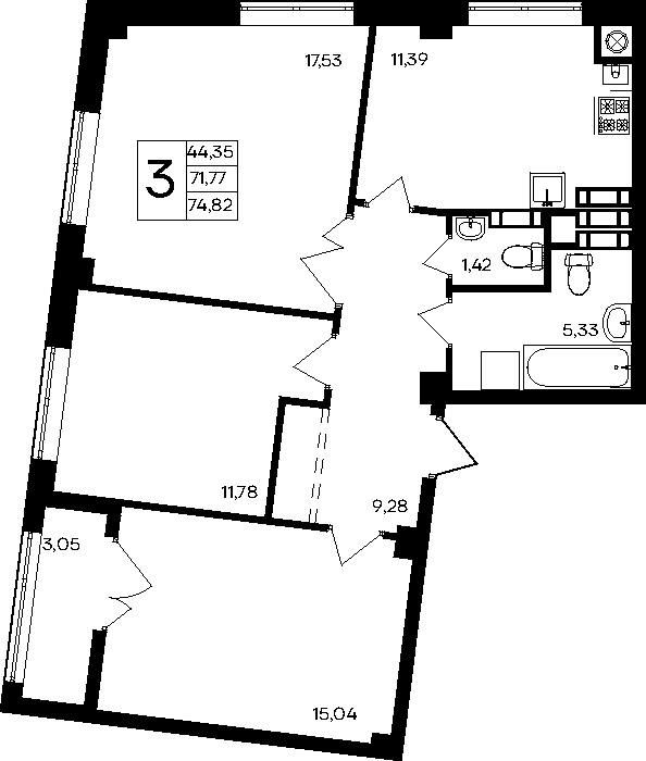 3-к, 74.82 м² · Парковые кварталы