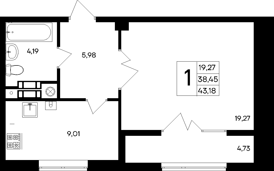 1-к, 43.18 м² · Парковые кварталы