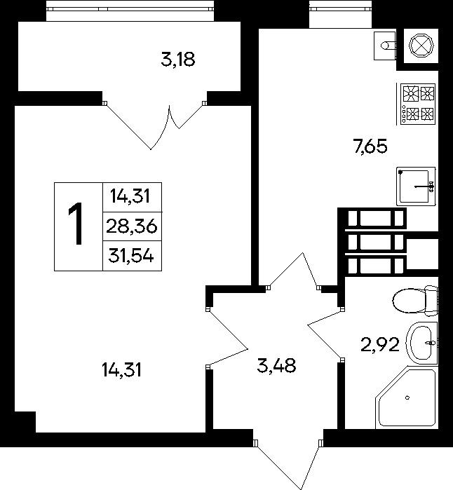1-к, 31.54 м² · Парковые кварталы