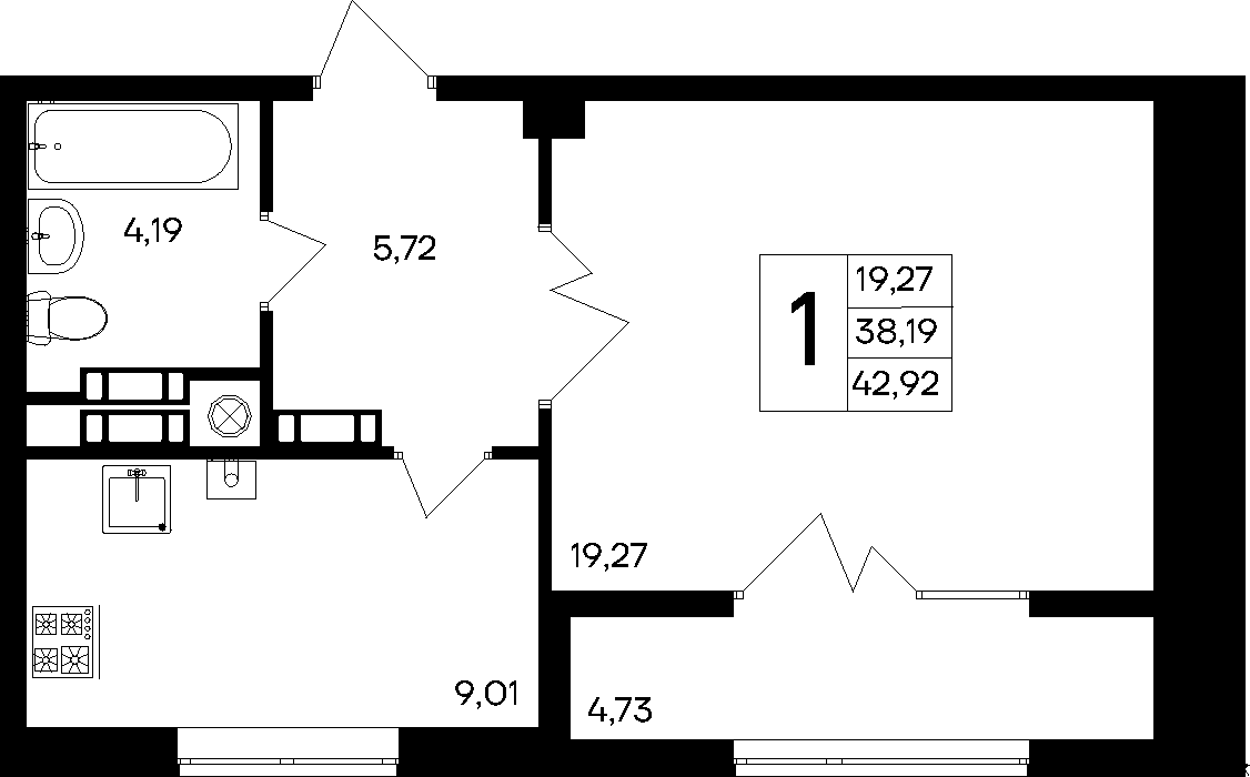 1-к, 42.92 м² · Парковые кварталы
