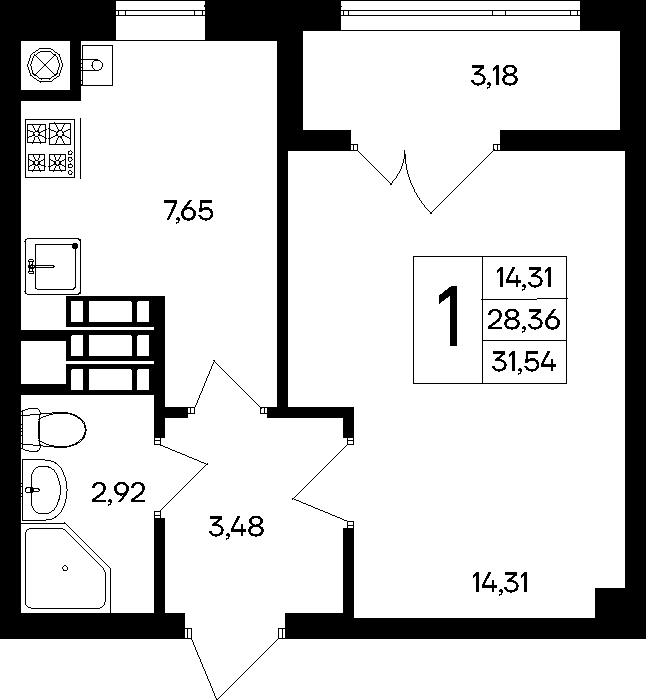 1-к, 31.54 м² · Парковые кварталы