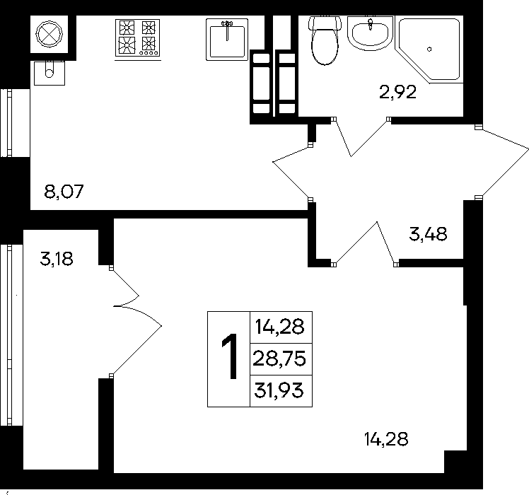 1-к, 31.93 м² · Парковые кварталы