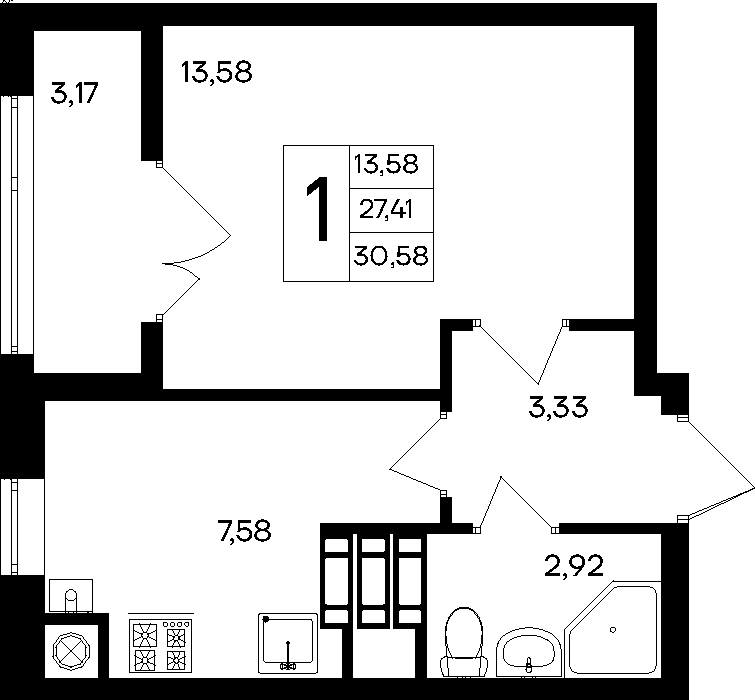 1-к, 30.58 м² · Парковые кварталы