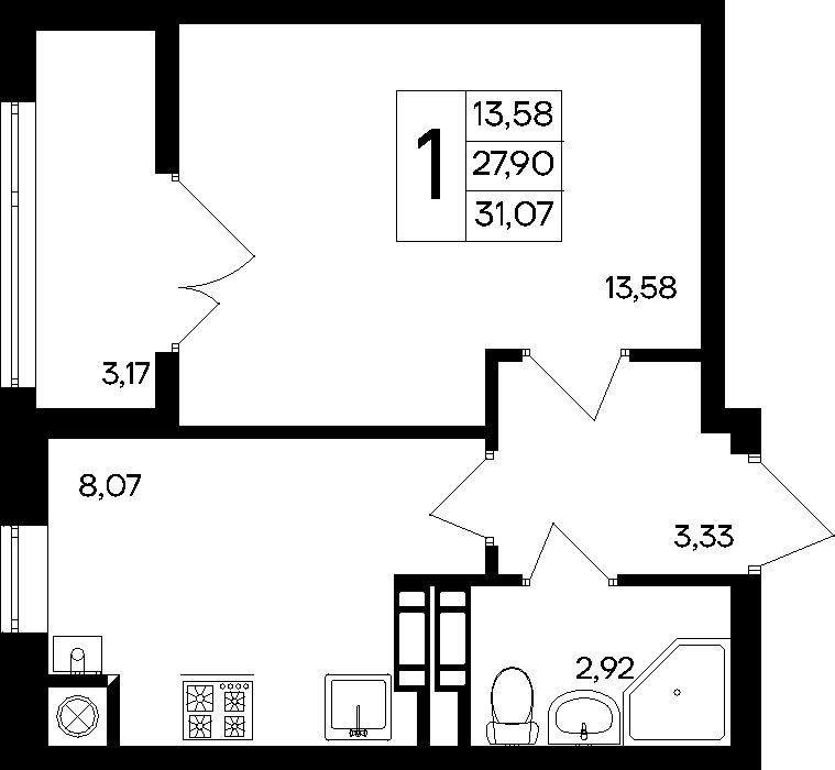 1-к, 31.07 м² · Парковые кварталы