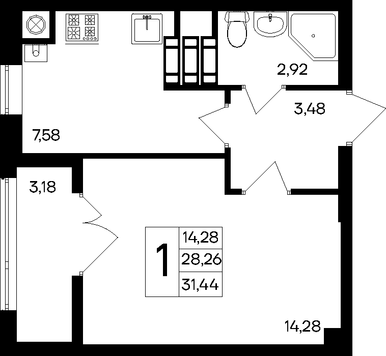 1-к, 31.44 м² · Парковые кварталы