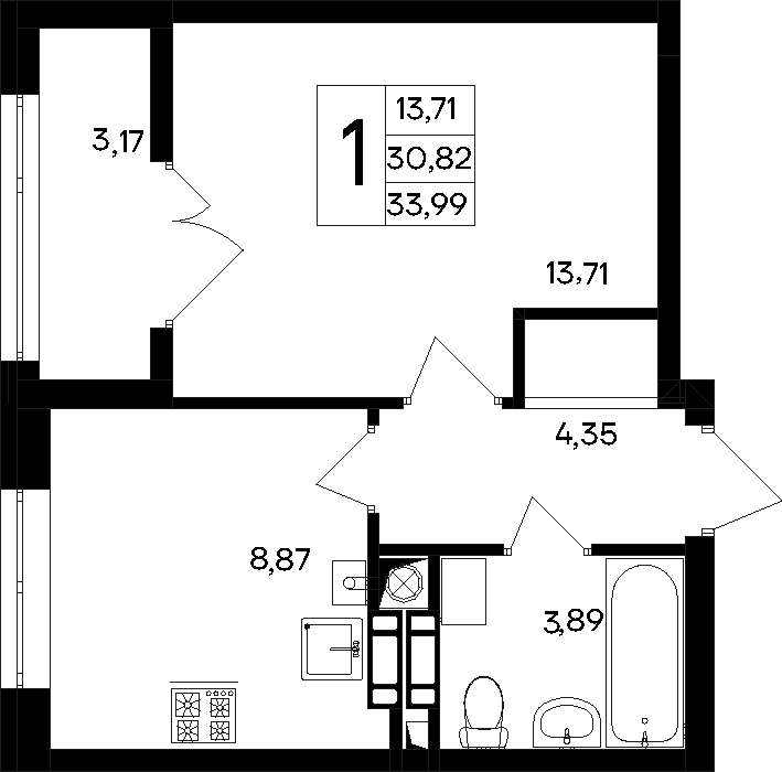1-к, 33.99 м² · Парковые кварталы