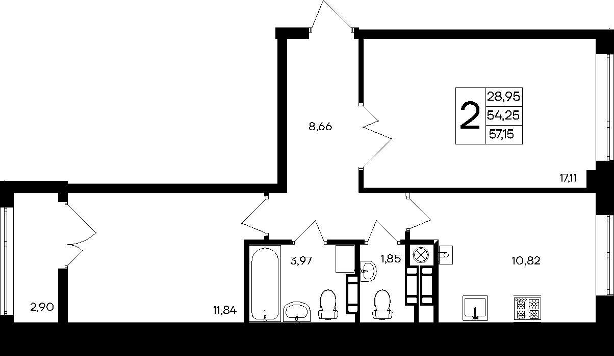2-к, 57.15 м² · Парковые кварталы