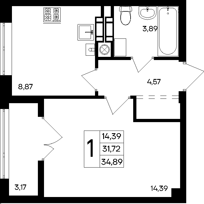 1-к, 34.39 м² · Парковые кварталы