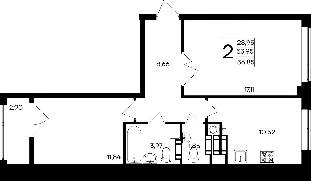 2-к, 56.85 м² · Парковые кварталы
