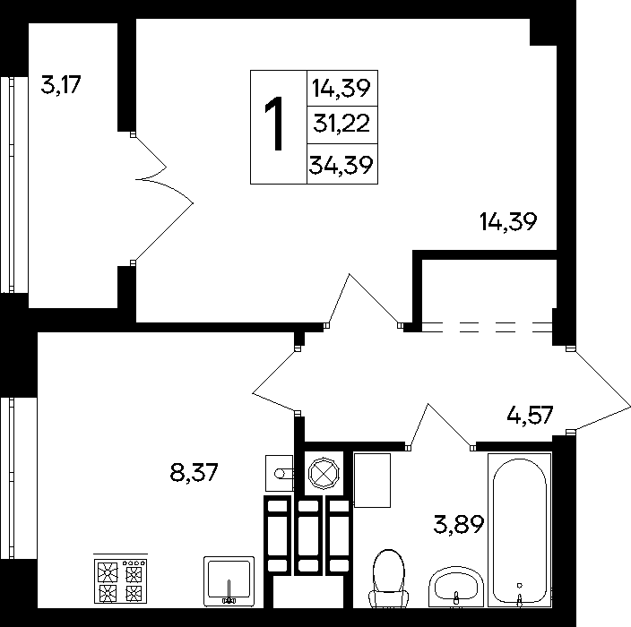 1-к, 34.39 м² · Парковые кварталы