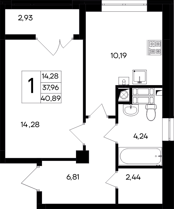 1-к, 40.89 м² · Парковые кварталы