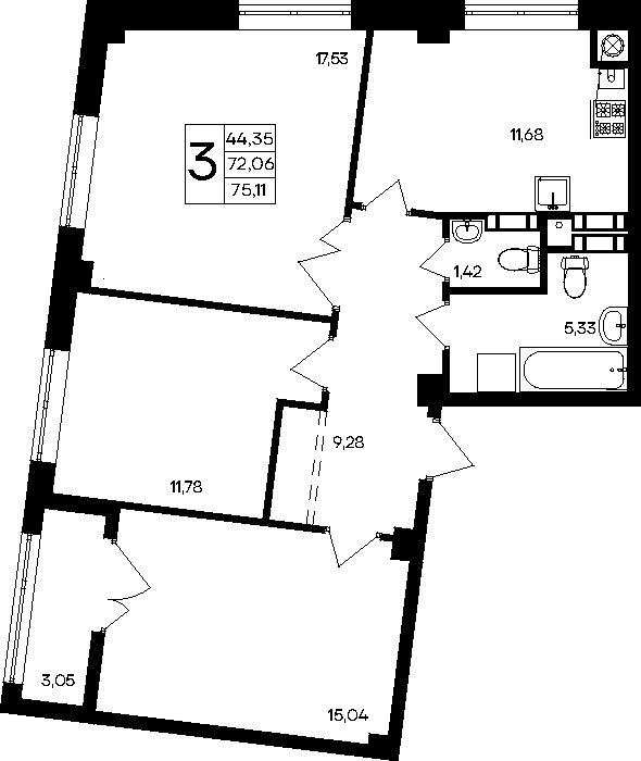 3-к, 75.11 м² · Парковые кварталы