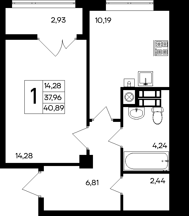 1-к, 40.89 м² · Парковые кварталы