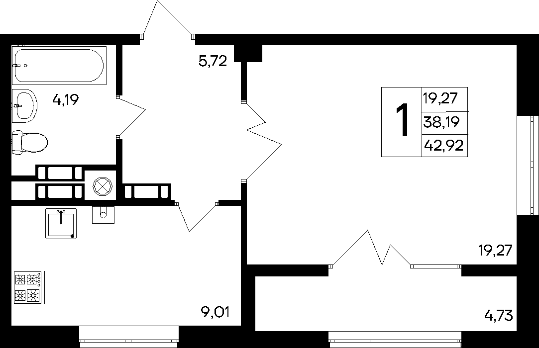 1-к, 42.92 м² · Парковые кварталы