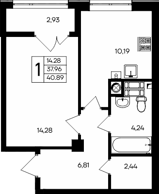 1-к, 40.89 м² · Парковые кварталы