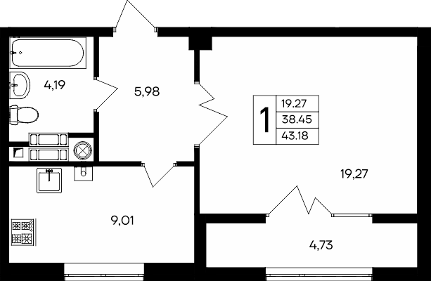 1-к, 43.18 м² · Парковые кварталы