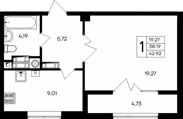 1-к, 42.92 м² · Парковые кварталы