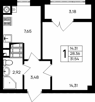1-к, 31.54 м² · Парковые кварталы
