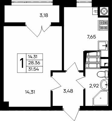 1-к, 31.54 м² · Парковые кварталы