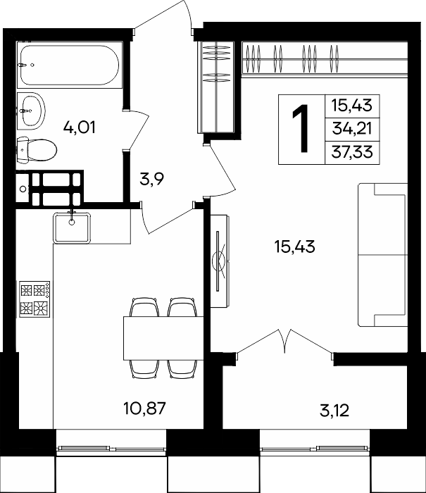 1-к, 37.33 м² · Семисчастье