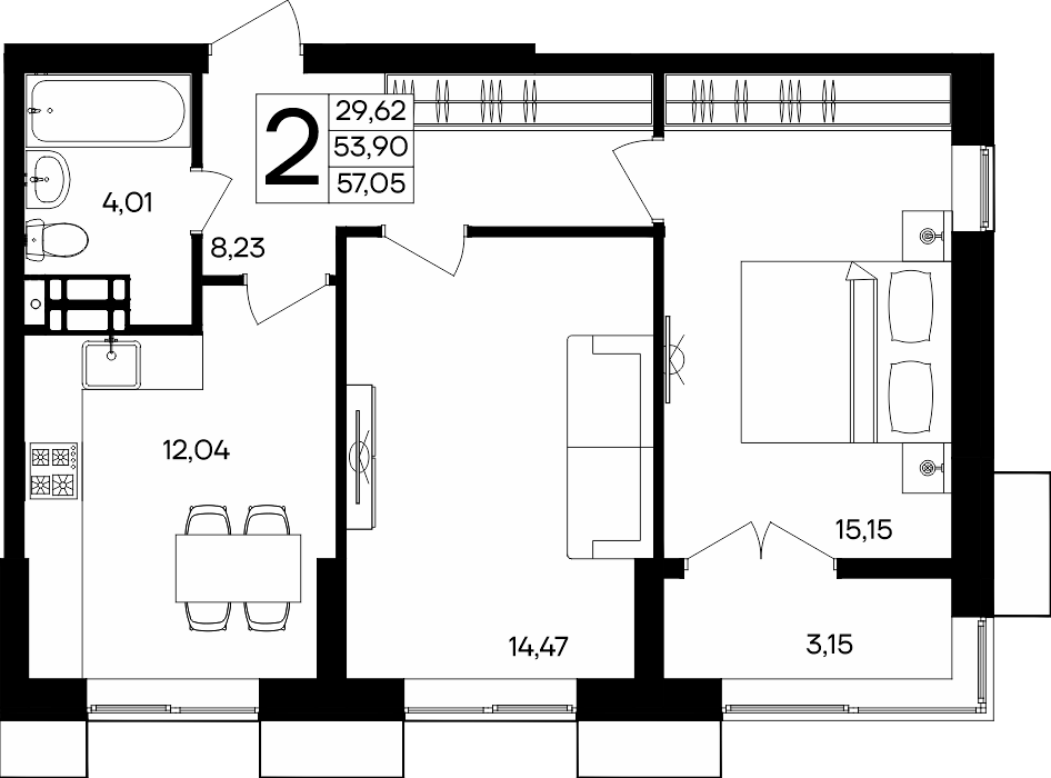 2-к, 57.05 м² · Семисчастье
