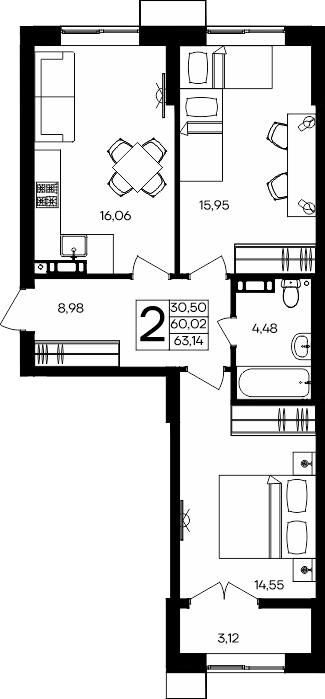 2-к, 63.14 м² · Семисчастье