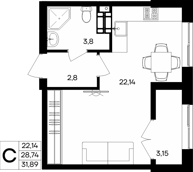 Студия, 31.89 м² · Семисчастье