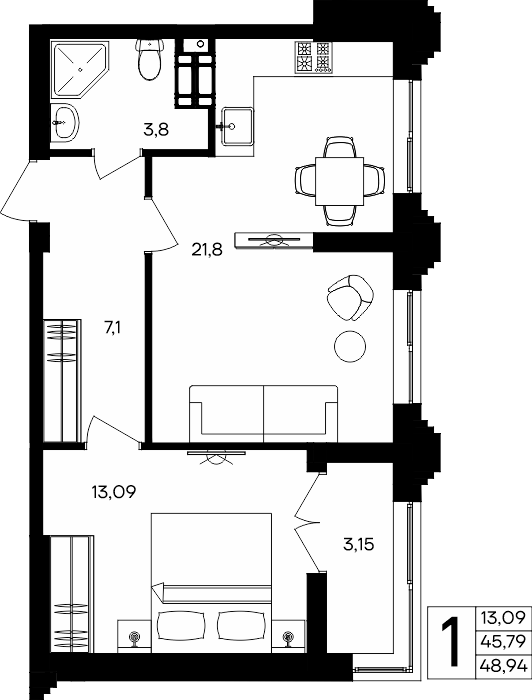 1-к, 48.94 м² · Семисчастье