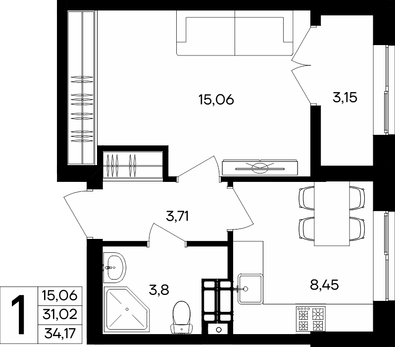 1-к, 34.17 м² · Семисчастье