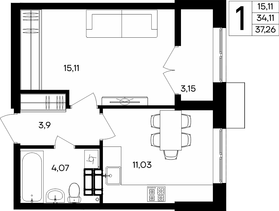 1-к, 37.26 м² · Семисчастье