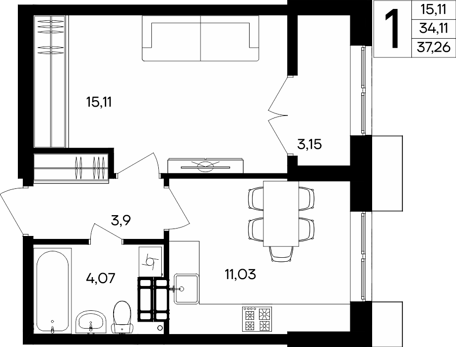 1-к, 37.26 м² · Семисчастье