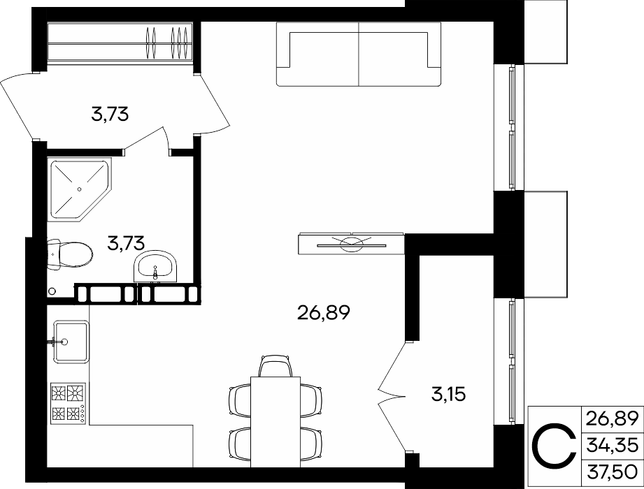 Студия, 37.5 м² · Семисчастье