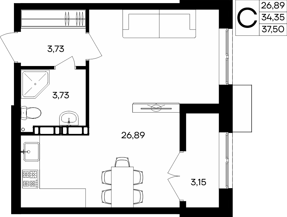 Студия, 37.5 м² · Семисчастье