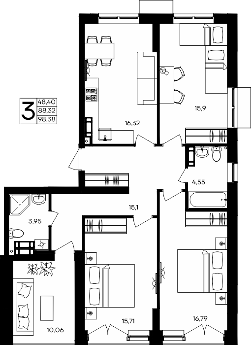 3-к, 98.38 м² · Семисчастье