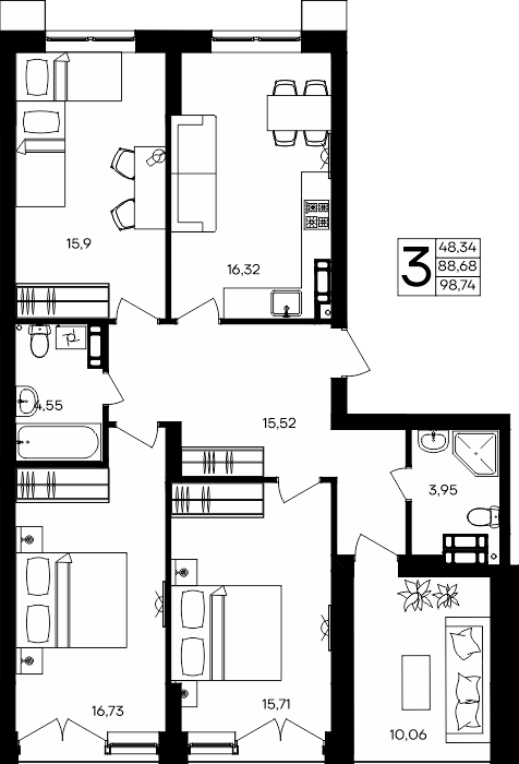 3-к, 98.74 м² · Семисчастье