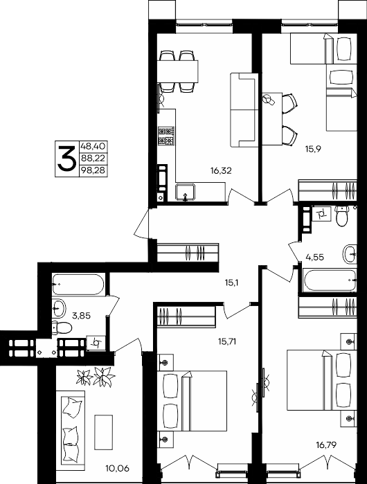 3-к, 98.28 м² · Семисчастье