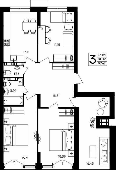 3-к, 97.47 м² · Семисчастье
