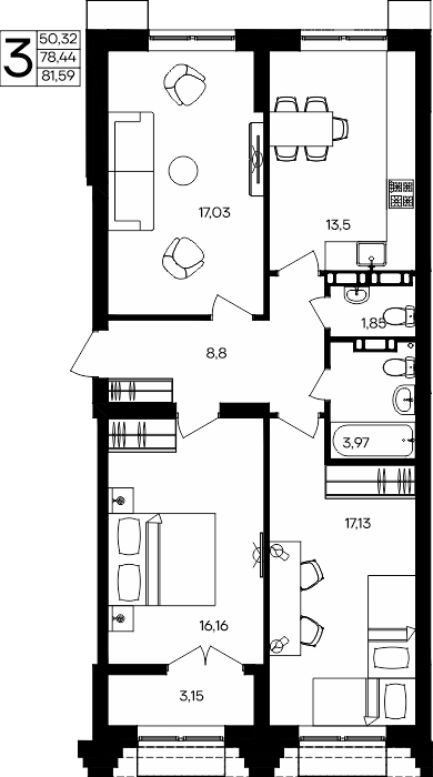 3-к, 81.59 м² · Семисчастье