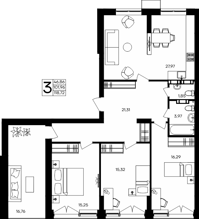 3-к, 118.72 м² · Семисчастье