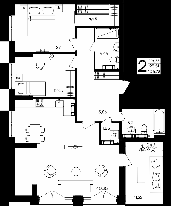 2-к, 106.73 м² · Семисчастье