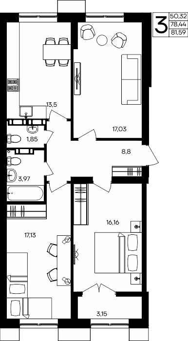 3-к, 81.59 м² · Семисчастье